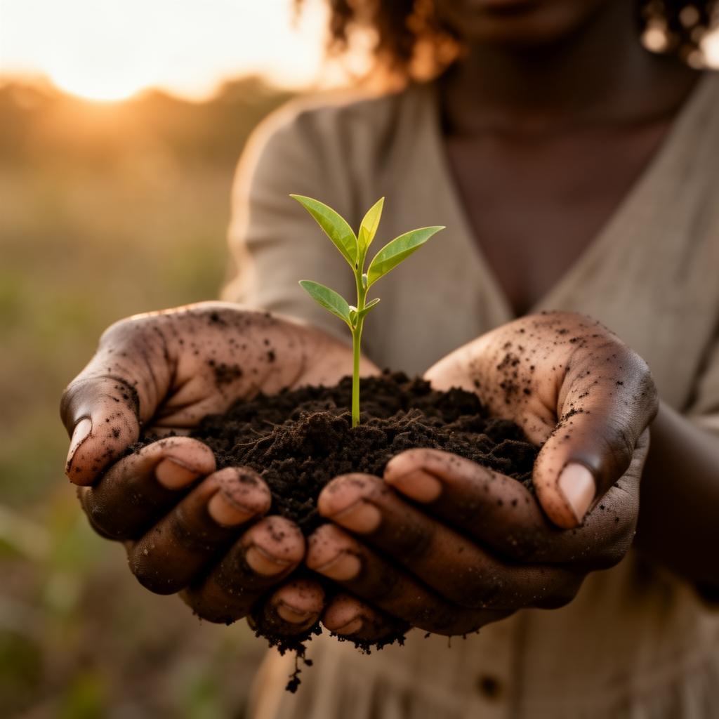 Soil-dusted hands cradling a delicate sprout at golden hour