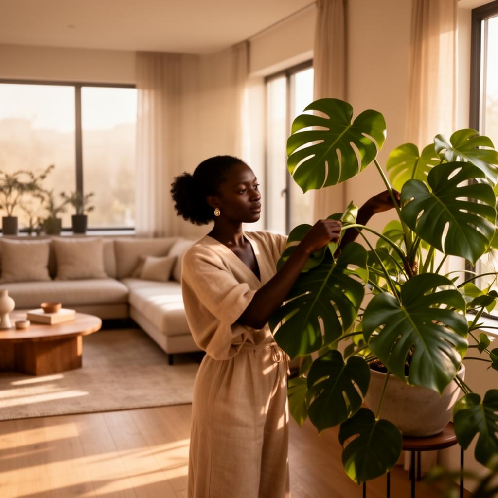 Black woman tending to a lush monstera in a sun-drenched Atlanta living room