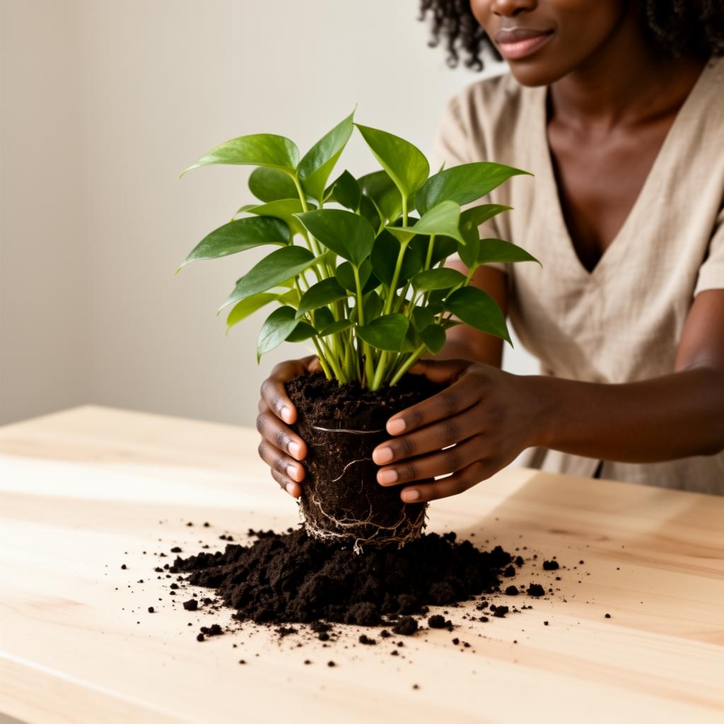 Hands repotting a pothos on a light wooden table