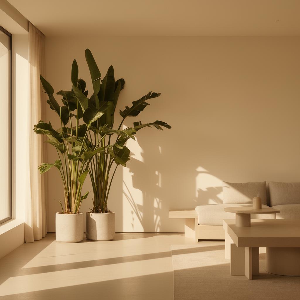 Minimalist warm interior with tall plants and architectural shadows